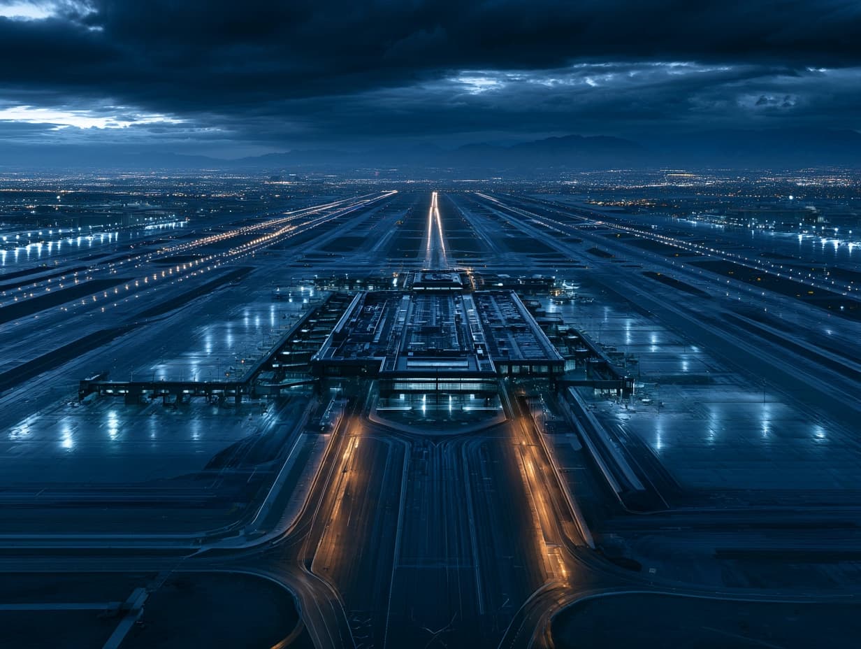 International transit gateway at liminal pre-dawn hour — Golden Falcon International Strategic Market Access